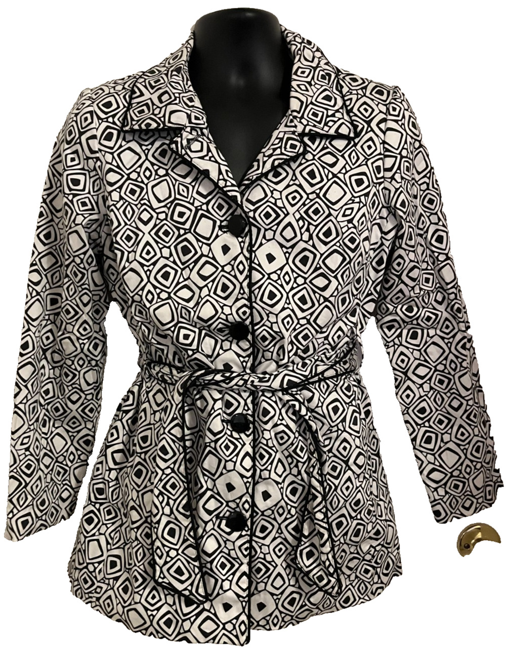 Vintage 90s Y2K AB Studio Geometric Belted Jacket Coat Mod Black White 12